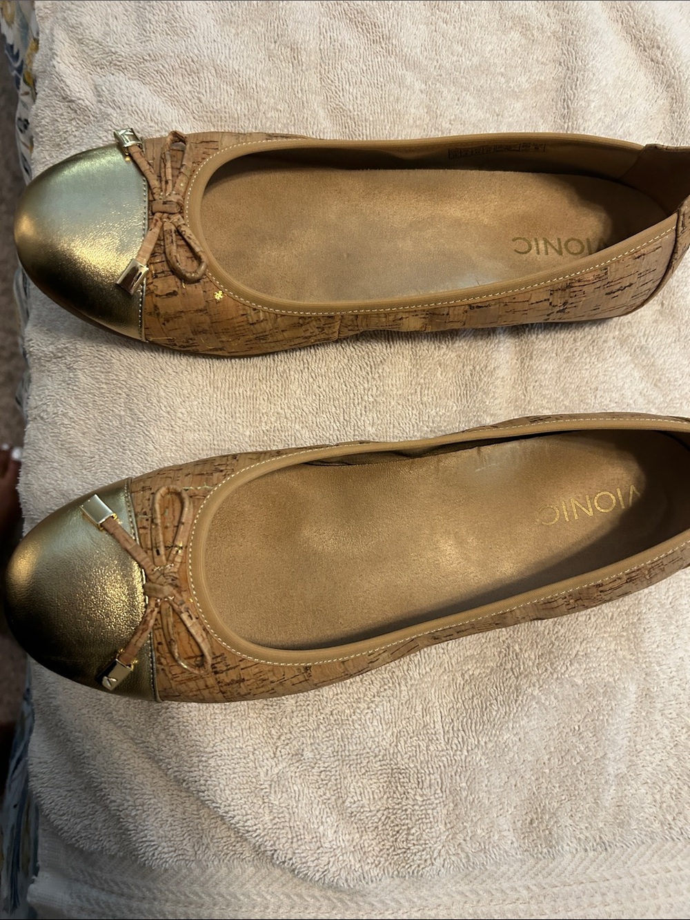 Vionic Cork Minna Ballet Flats with Metallic Gold Cork and Cap Toe